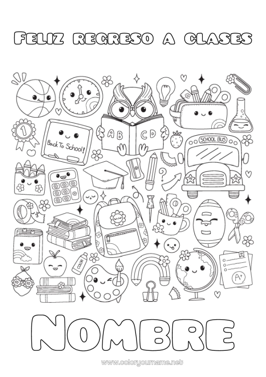 Dibujo para colorear para imprimir Kawaii Globos Búho Autobús, autocar Maestra, Maestro Escuela Simbolos Aves y mamíferos voladores Juegos y juguetes Transporte público terrestre Mochila escolar Globo terráqueo Profesiones de la Educación Regreso a clases ¡Feliz regreso a clases mensaje! Pizarra de clase Toga de estudiante Útiles escolares Estuche Calculadora