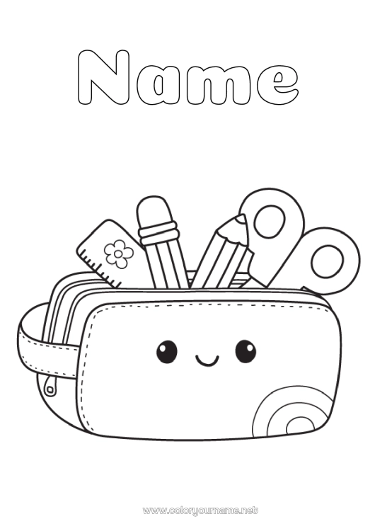Coloring page to print Kawaii Easy coloring pages Pencil School supplies Pencil case Scissors