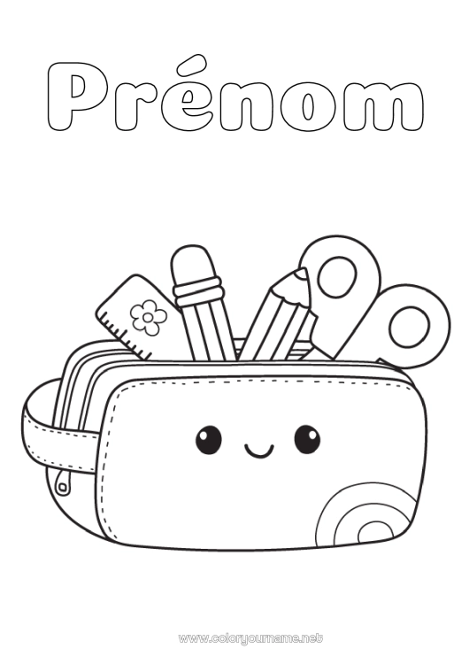 Coloriage à imprimer Kawaii Coloriages faciles Crayon Fournitures scolaires Trousse Ciseaux