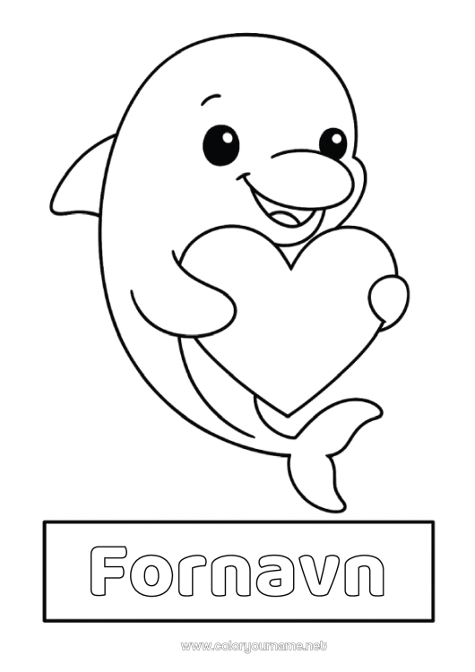 Farvelægningssiden til udskrivning Hjerte Kawaii Delfin Nem farvelægning Havdyr eller vandlevende dyr Etikette Hæfteomslag