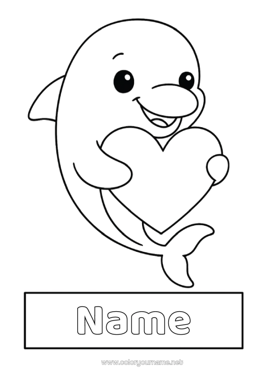 Coloring page to print Heart Kawaii Dolphin Easy coloring pages Marine or aquatic animals Labels Notebook Covers