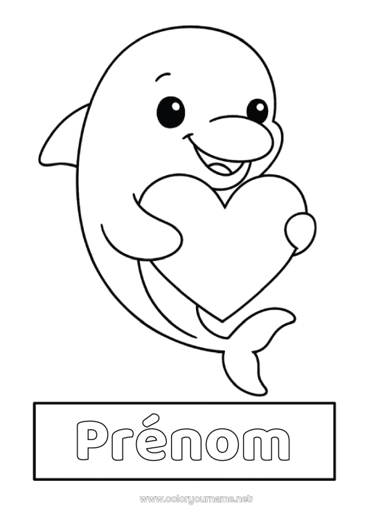 Coloriage à imprimer Coeur Kawaii Dauphin Coloriages faciles Animaux marins ou aquatique étiquette Couverture de cahier