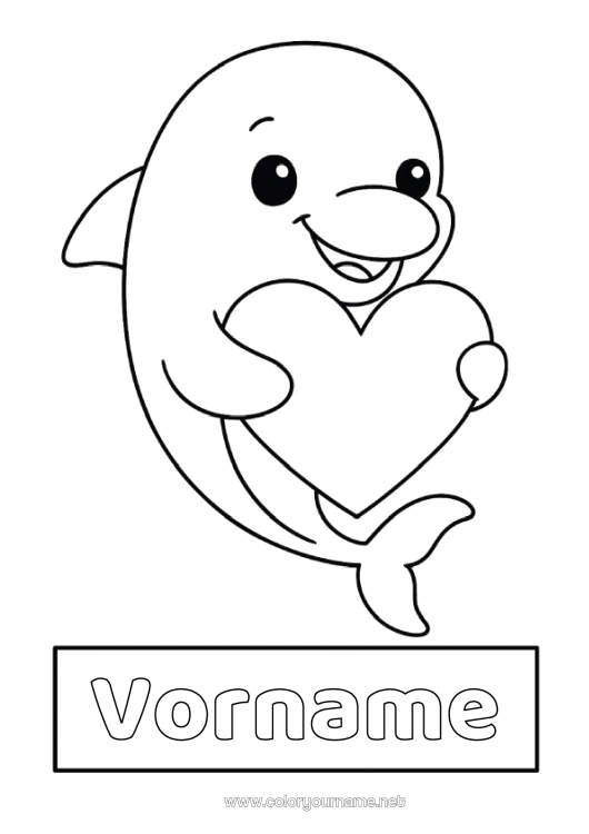 Malvorlage zum Ausdrucken Herz Kawaii Delfin Einfache Ausmalbilder Meeres- oder Wasserlebewesen Etikett Heftumschläge