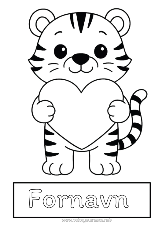 Farvelægningssiden til udskrivning Hjerte Kawaii Tiger Dyr Nem farvelægning Afrikanske vilde dyr Etikette
