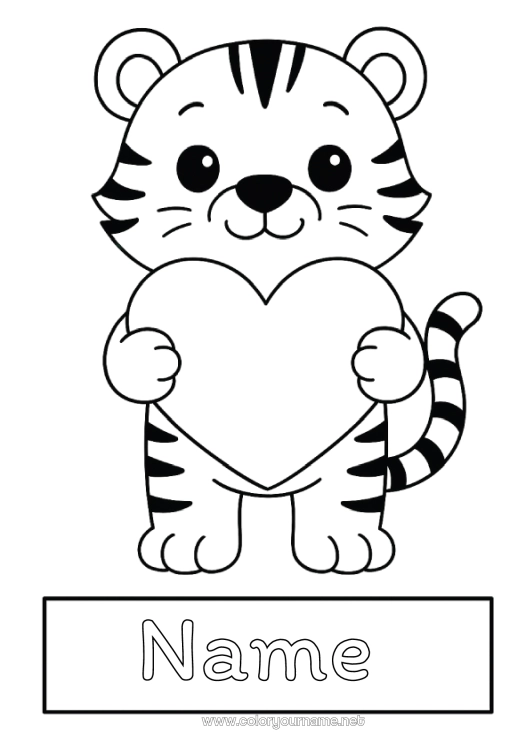 Coloring page to print Heart Kawaii Tiger Animal Easy coloring pages Wild animals of Africa Labels