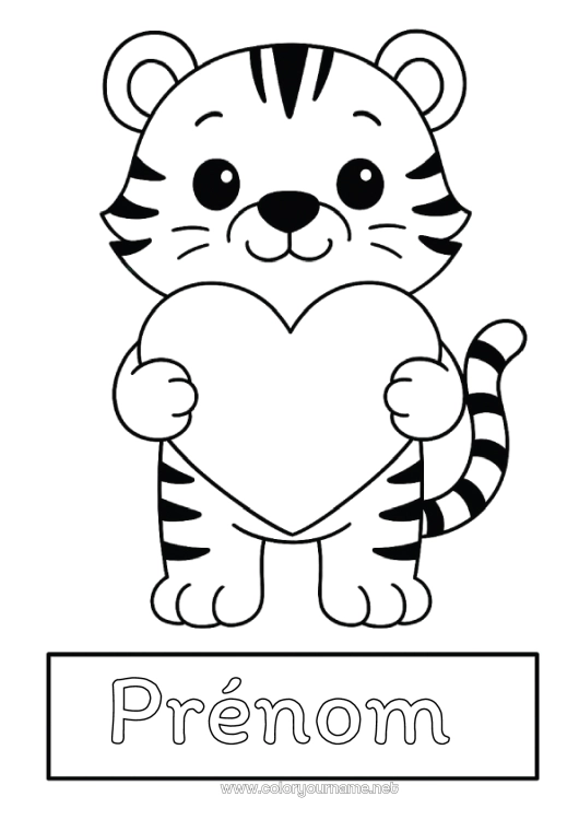 Coloriage à imprimer Coeur Kawaii Tigre Animal Coloriages faciles Animaux sauvages d'Afrique étiquette