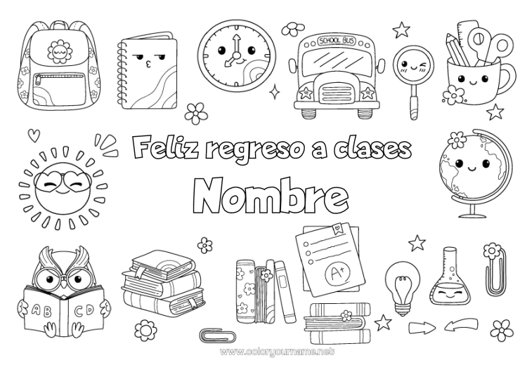 Dibujo para colorear para imprimir Kawaii Búho Autobús, autocar Simbolos Libro Aves y mamíferos voladores Lectura Transporte público terrestre Mochila escolar Globo terráqueo Regreso a clases ¡Feliz regreso a clases mensaje! Reloj