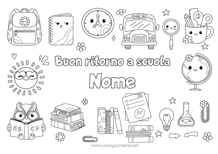 Pagina da colorare da stampare Kawaii Gufo, Civetta Bus, pullman Simboli Libro Uccelli e mammiferi volanti Lettura Trasporto pubblico terrestre Cartella Globo terraqueo Rientro a scuola Messaggio di