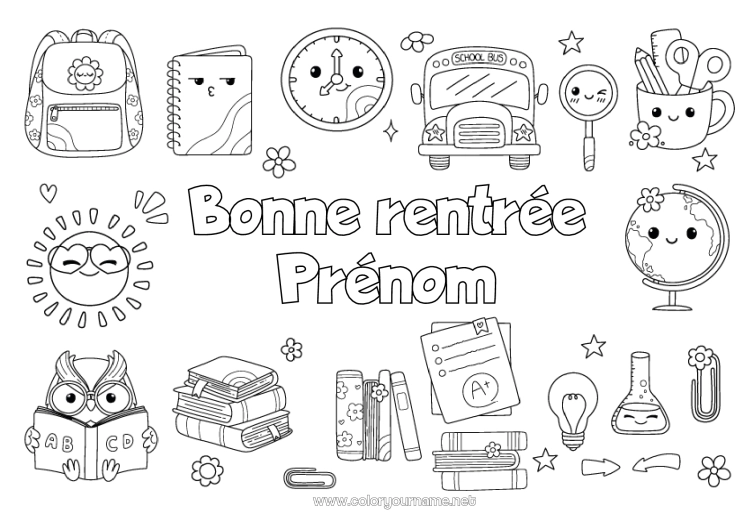 Coloriage à imprimer Kawaii Chouette, Hibou Bus, car Symboles Livre Oiseaux et mammifères volants Lecture Transport en commun terrestres Cartable Globe terrestre Rentrée scolaire