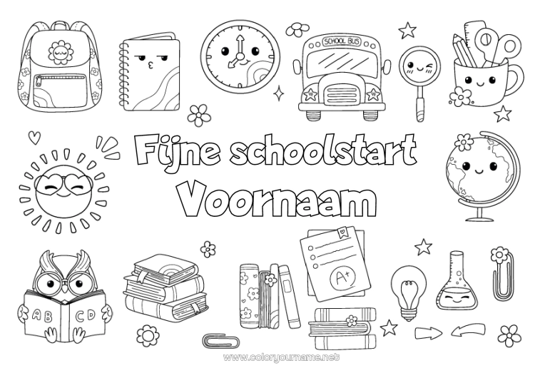 Kleurplaat om af te drukken Kawaii Uil, Kerkuil Bus, autocar Symbolen Boek Vogels en vliegende zoogdieren Lezen Openbaar vervoer over land Schooltas Wereldbol Terug naar school 