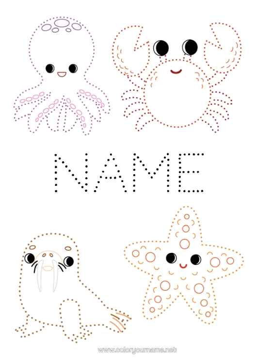 Colouring page to print Children's Activities Animal Connecting Points Seal Crab Easy Colouring Pages Starfish Marine Or Aquatic Animals Octopus