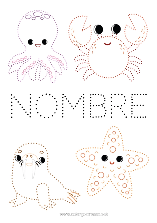 Dibujo para colorear para imprimir Actividades para niños Animales Une los puntos Foca Cangrejo Dibujos fáciles para colorear Estrella de mar Animales marinos o acuáticos Pulpo