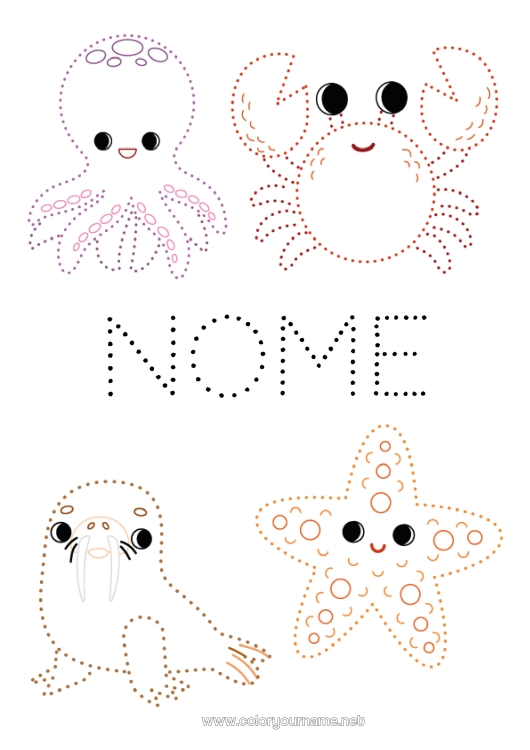 Pagina da colorare da stampare Attività per Bambini Animale Punti da unire Foca Granchio Disegni da colorare facili Stella marina Animali marini o acquatici Polpo, polipo