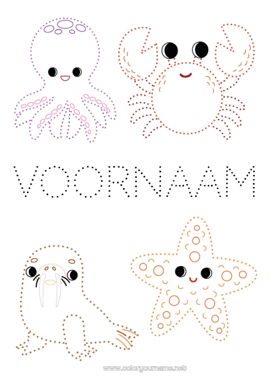 Kleurplaat om af te drukken Activiteiten voor Kinderen Dier Van punt naar punt Zeehond Krab Eenvoudige kleurplaten Zeester Zeedieren Octopus, inktvis