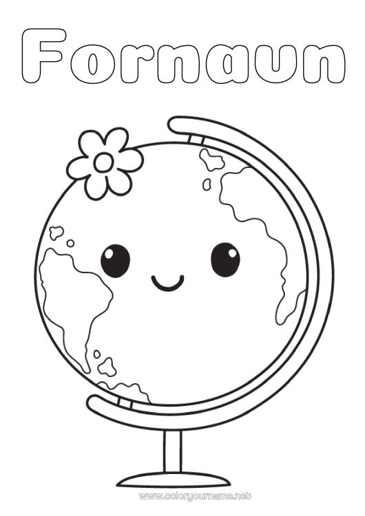 Farvelægningssiden til udskrivning Kawaii Geografi Nem farvelægning Verdensklode