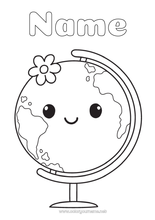 Coloring page to print Kawaii Geography Easy coloring pages World globe