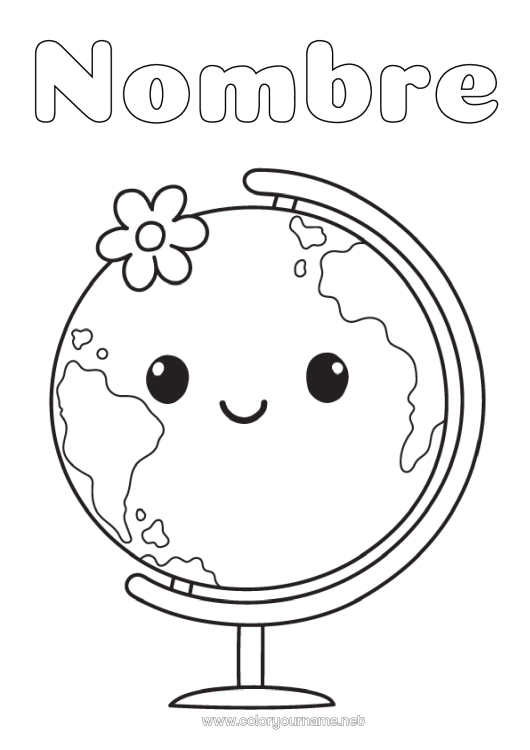 Dibujo para colorear para imprimir Kawaii Geografía Dibujos fáciles para colorear Globo terráqueo