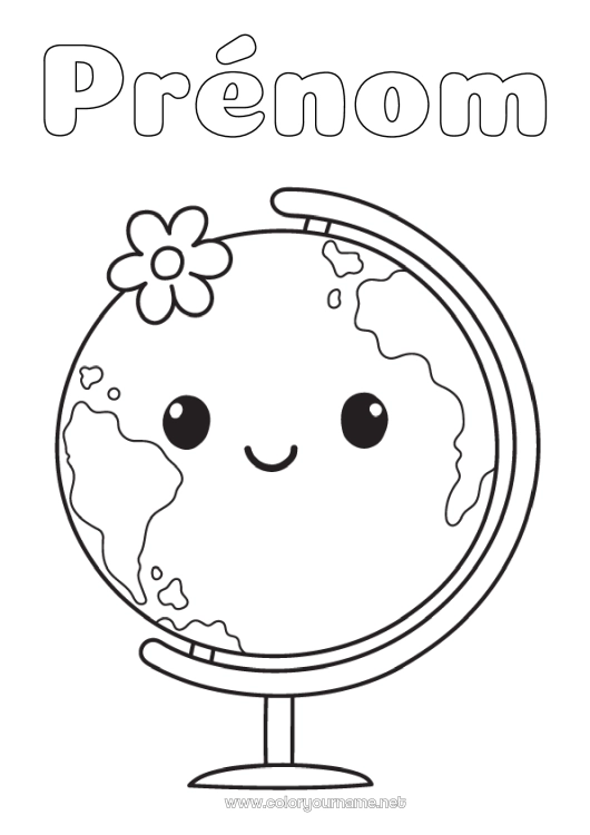 Coloriage à imprimer Kawaii Géographie Coloriages faciles Globe terrestre