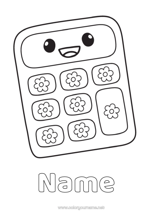Colouring page to print Cute Stationery Supplies Calculator
