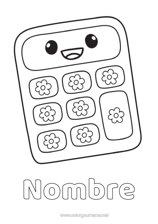 Dibujo para colorear para imprimir Kawaii Útiles escolares Calculadora