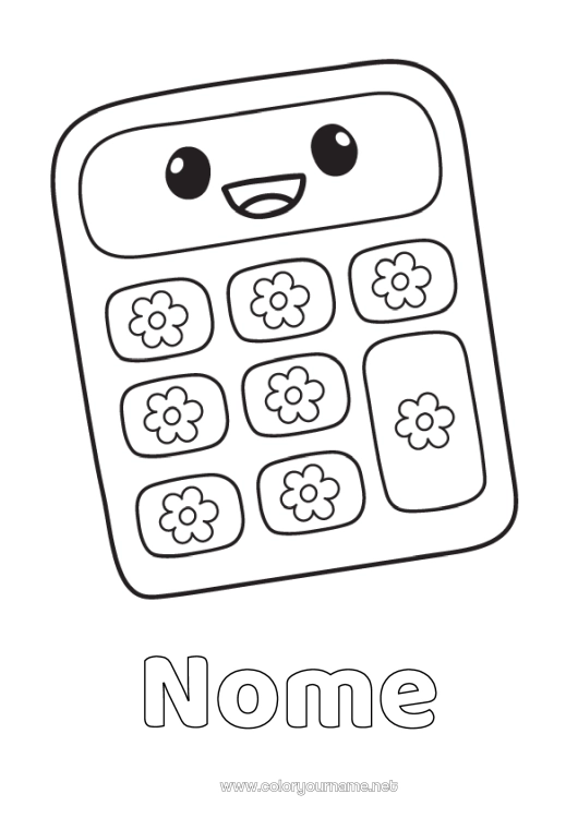 Página de desenho para imprimir Kawaii Materiais Escolares Calculadora