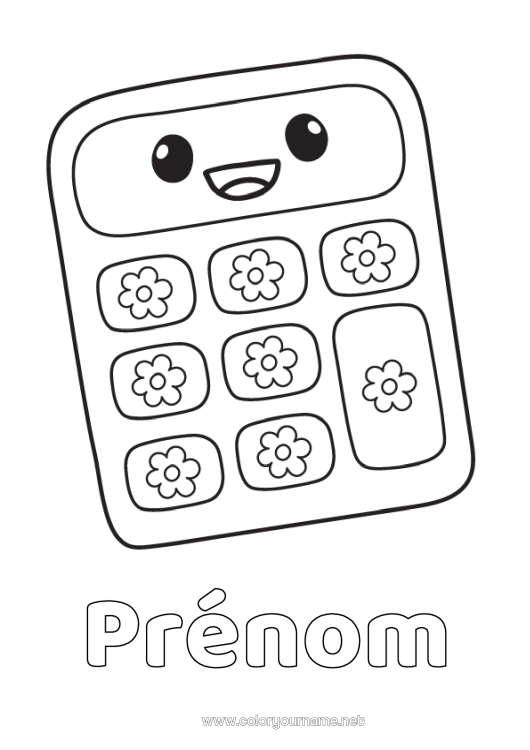Coloriage à imprimer Kawaii Fournitures scolaires Calculatrice