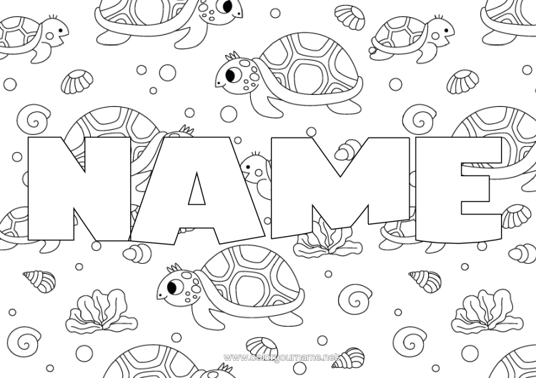 Colouring page to print Tortoise Animal Decorated Name Complex Colouring Pages Marine Or Aquatic Animals Reptiles Decorative Background Sea Turtle