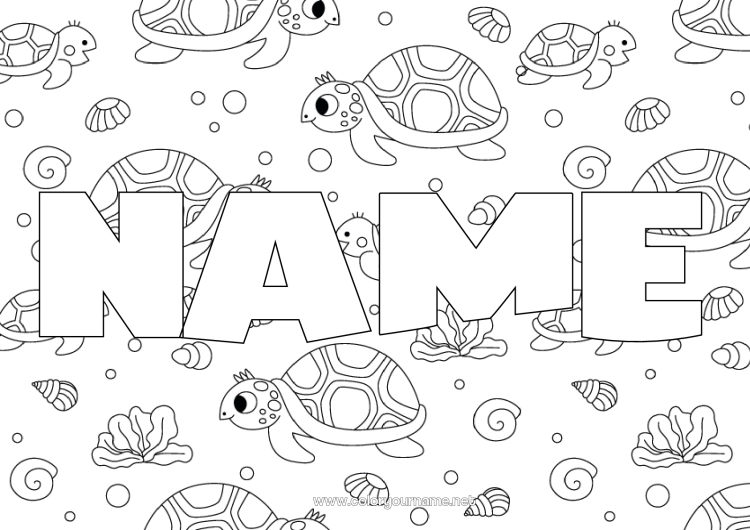 Coloring page to print Turtle Decorated name Complex coloring pages Marine or aquatic animals Reptiles Decorative background Sea Turtle
