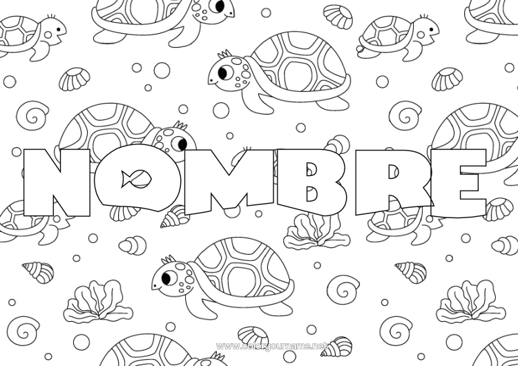 Dibujo para colorear para imprimir Tortuga Nombre decorado Dibujos complejos para colorear Animales marinos o acuáticos Reptiles Fondo decorativo Tortuga marina
