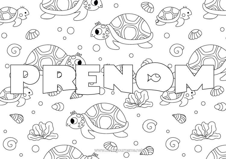 Coloriage à imprimer Tortue Nom décoré Coloriages complexes Animaux marins ou aquatique Reptiles Fond décoratif Tortue marine