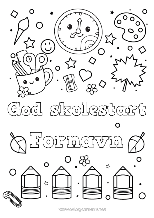 Farvelægningssiden til udskrivning Kawaii Pensel Blyant Skolestart 