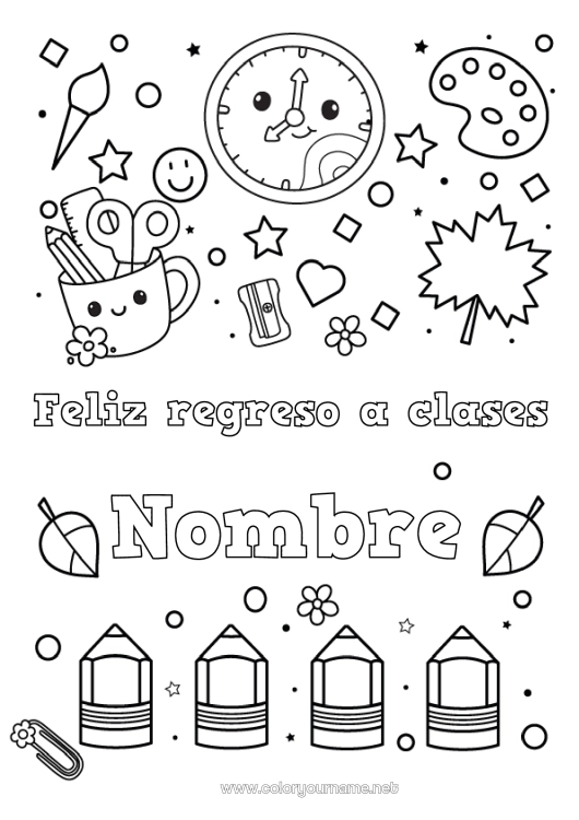 Dibujo para colorear para imprimir Kawaii Pincel Lápiz Regreso a clases ¡Feliz regreso a clases mensaje! Útiles escolares Tijeras Reloj