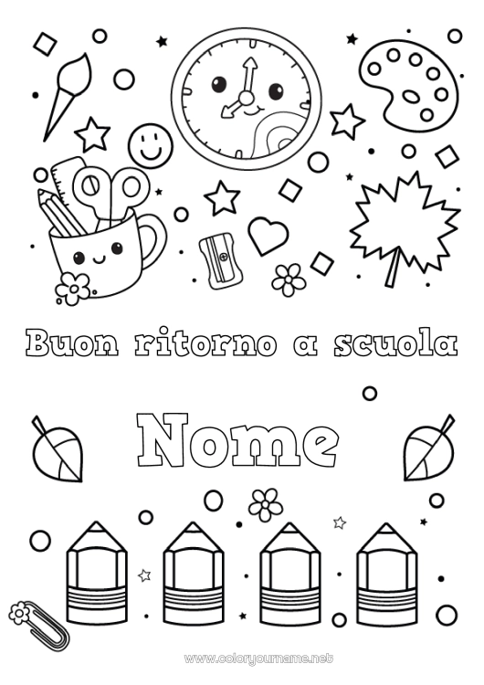 Pagina da colorare da stampare Kawaii Pennello Matita Rientro a scuola Messaggio di 