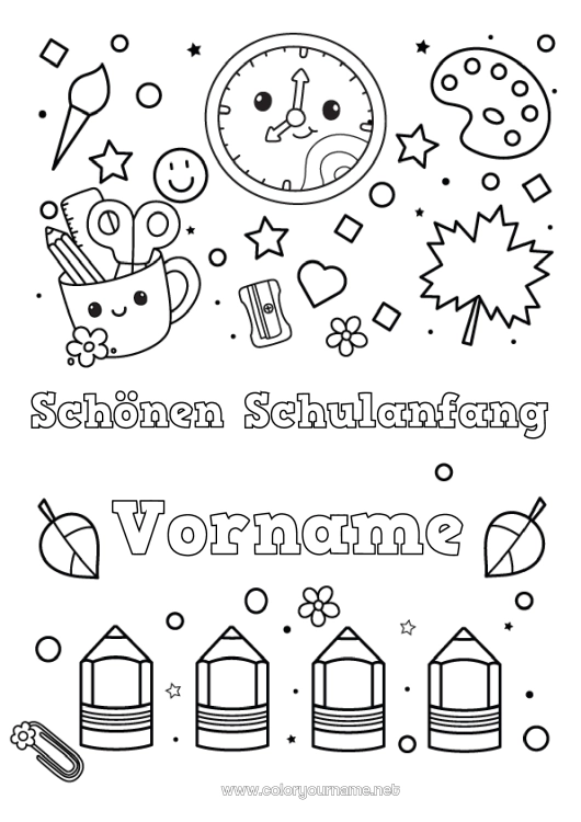 Malvorlage zum Ausdrucken Kawaii Pinsel Bleistift Schulbeginn