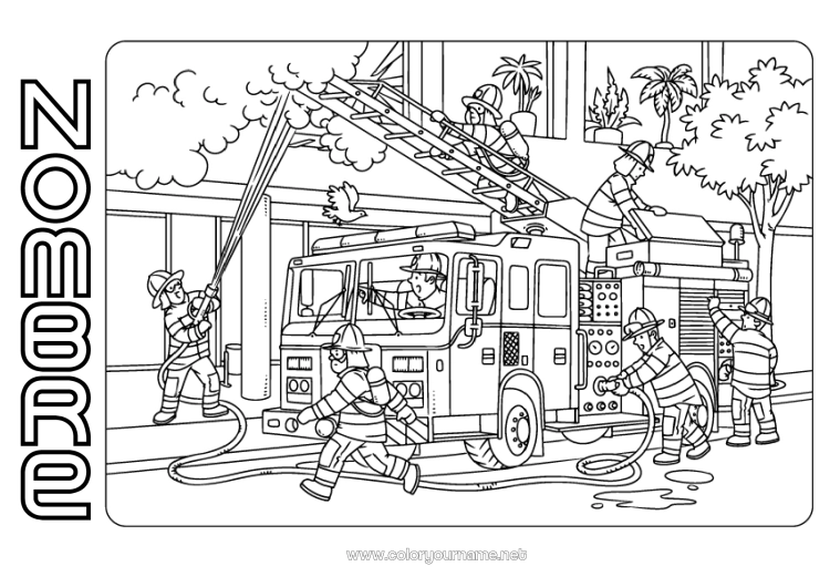 Dibujo para colorear para imprimir Bombero Camión de bomberos Vehículos de rescate y emergencia Fuego Profesiones de Seguridad