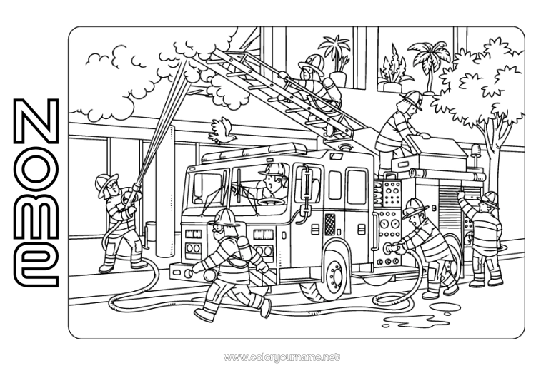 Pagina da colorare da stampare Vigile del Fuoco Camion dei pompieri Veicoli di soccorso e di emergenza Fuoco Mestieri della Sicurezza