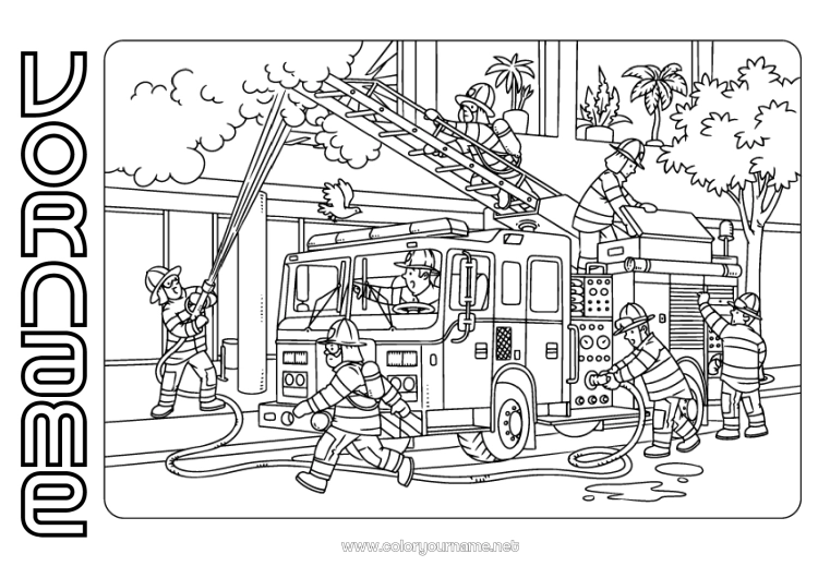 Malvorlage zum Ausdrucken Feuerwehrmann Feuerwehrwagen Véhicules de secours et d'urgence Feuer Sicherheitsberufe