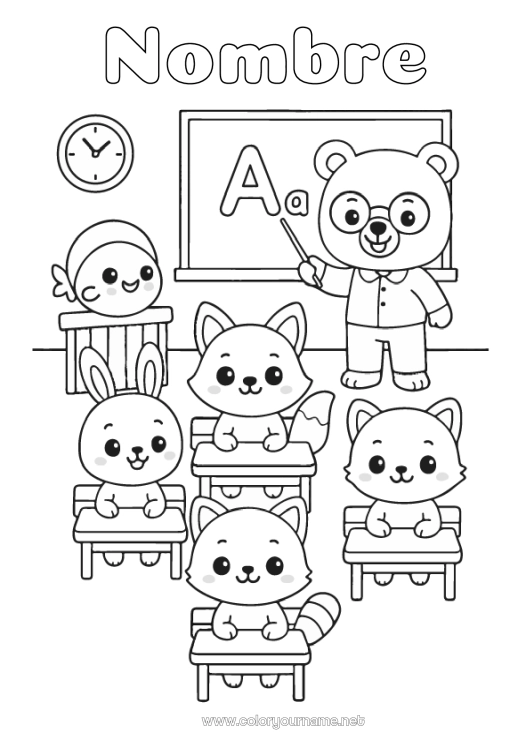Dibujo para colorear para imprimir Llevar Cat Kawaii Conejo Maestra, Maestro Escuela Perros y gatos Animales del bosque Profesiones de la Educación Pizarra de clase Salón de clases Estudiante Pupitre Mapache