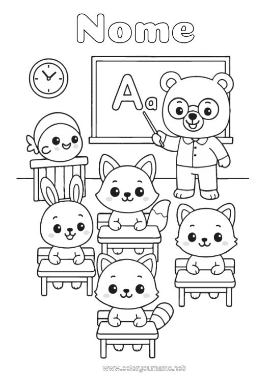 Pagina da colorare da stampare Orso Gatto Kawaii Coniglio Insegnante Scuola CanI e gatti Animali della foresta Mestieri dell'educazione Lavagna scolastica Aula Studente Banco Procione