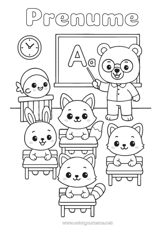 Pagină de colorat de imprimat Urs Pisică Drăguț Iepure Învățătoare/Învățător Școală Câini și pisici Animale din pădure Meserii în educație Tablă de clasă Sală de clasă Elev Catedră Râs