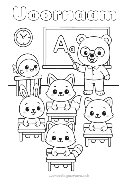 Kleurplaat om af te drukken Beer Kat Kawaii Konijn Juf/Meester School Honden en katten Bosdieren Onderwijsberoepen Schoolbord Klaslokaal Leerling Schoolbureau Wasbeer