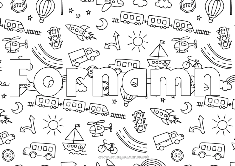 Färgläggningssida att skriva ut Raket Lastbil Fordon Båt Tåg Utsmyckat namn Luftballong Buss, bil Helikopter Doodle Luftfartyg Marina fordon Kollektivtrafik på land Lastbilar och nyttofordon Dekorativ bakgrund