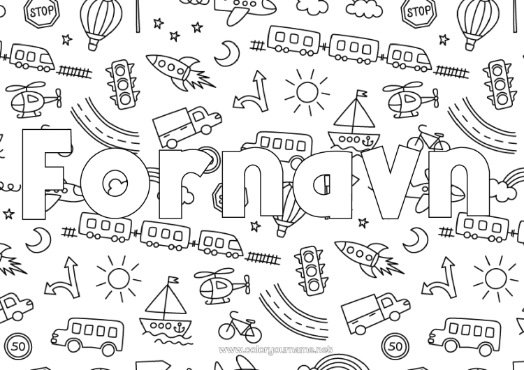 Farvelægningssiden til udskrivning Raket Lastbil Køretøjer Båd Tog Dekoreret navn Luftballon Bus, bil Helikopter Doodle Luftfartøjer Søfartøjer Jordbaserede offentlig transport Lastbiler og erhvervskøretøjer Dekorativ baggrund