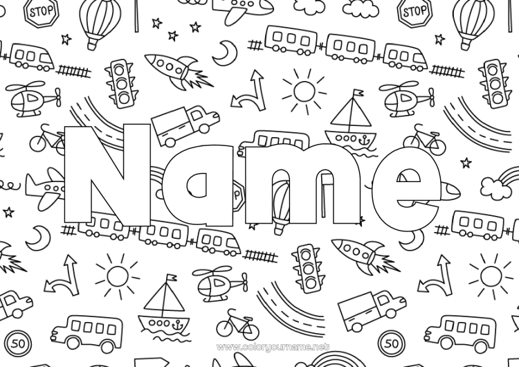 Coloring page to print Rocket Truck Vehicles Boat Train Decorated name Hot air balloon Bus, coach Helicopter Doodle Aerial vehicles Maritime vehicles Ground public transport Trucks and utility vehicles Decorative background