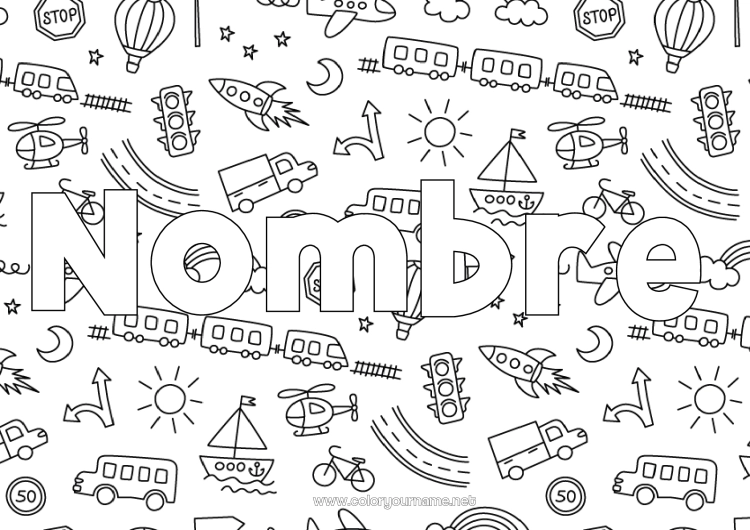 Dibujo para colorear para imprimir Cohete Camión Vehículos Barco Tren Nombre decorado Globo aerostático Autobús, autocar Helicóptero Doodle Vehículos aéreos Vehículos marítimos Transporte público terrestre Camiones y vehículos utilitarios Fondo decorativo