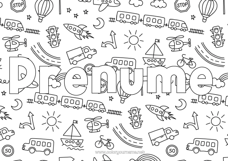 Pagină de colorat de imprimat Rachetă Camion Vehicule Barcă Tren Nume decorat Balon cu aer cald Autobuz, microbuz Elicopter Doodle Vehicule aeriene Vehicule maritime Transport public terestru Camioane și vehicule utilitare Fundal decorativ
