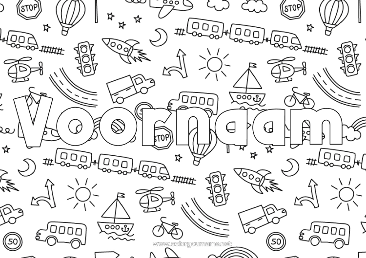 Kleurplaat om af te drukken Raket Vrachtwagen Voertuigen Boot Trein Gedecoreerde naam Luchtballon Bus, autocar Helikopter Doodle Luchtvaartuigen Maritieme voertuigen Openbaar vervoer over land Vrachtwagens en bedrijfsvoertuigen Decoratieve achtergrond