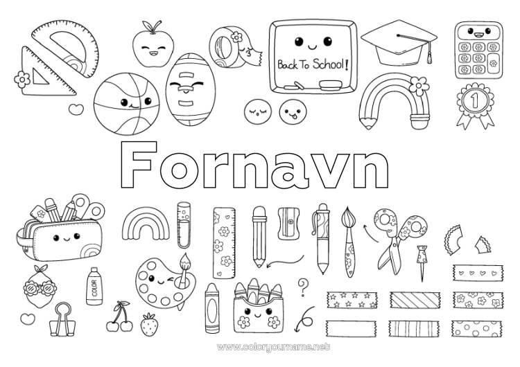 Farvelægningssiden til udskrivning Kawaii Regnbue Farveblyant Skole Blyant Skolestart Klasseliste Studenterhue Skoleartikler Pung Vinkelmåler Ordfører Maling Saks