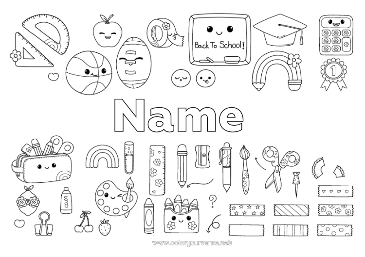 Coloring page to print Kawaii Rainbow Coloured pencil School Pencil Back to School Class board Student cap School supplies Pencil case Square Protractor Paint Scissors