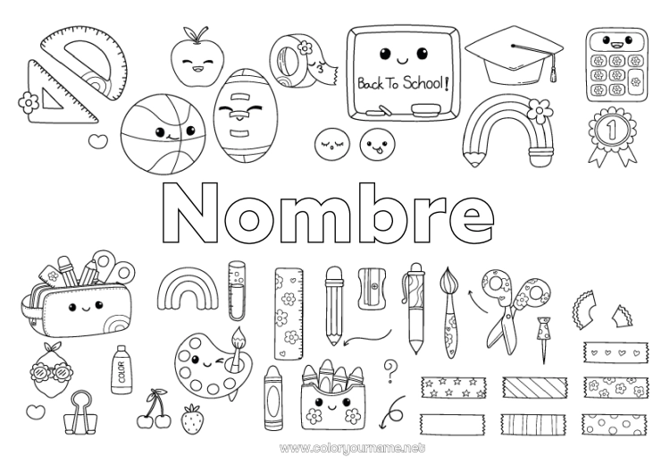 Dibujo para colorear para imprimir Kawaii Arcoíris Lápiz de color Escuela Lápiz Regreso a clases Pizarra de clase Toga de estudiante Útiles escolares Estuche Escuadra Transportador Pintura Tijeras